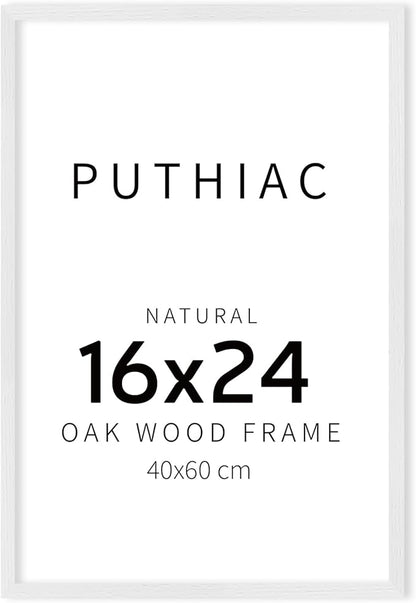 puthiac 16x24 Solid Oak Wood Picture Frame, No Mat, Wall Display Only, Vertical or Horizontal, Plexi Front, 1 Pack, White