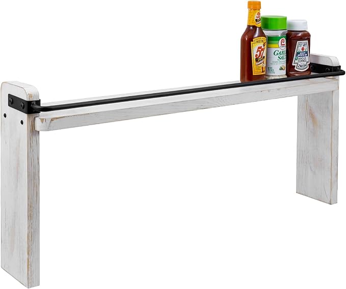 MyGift 33 Inch Wide Over The Stove Top Spice Shelf, Shabby White Washed Solid Wood and Industrial Black Metal Space Saving Stovetop Range Storage Display Rack