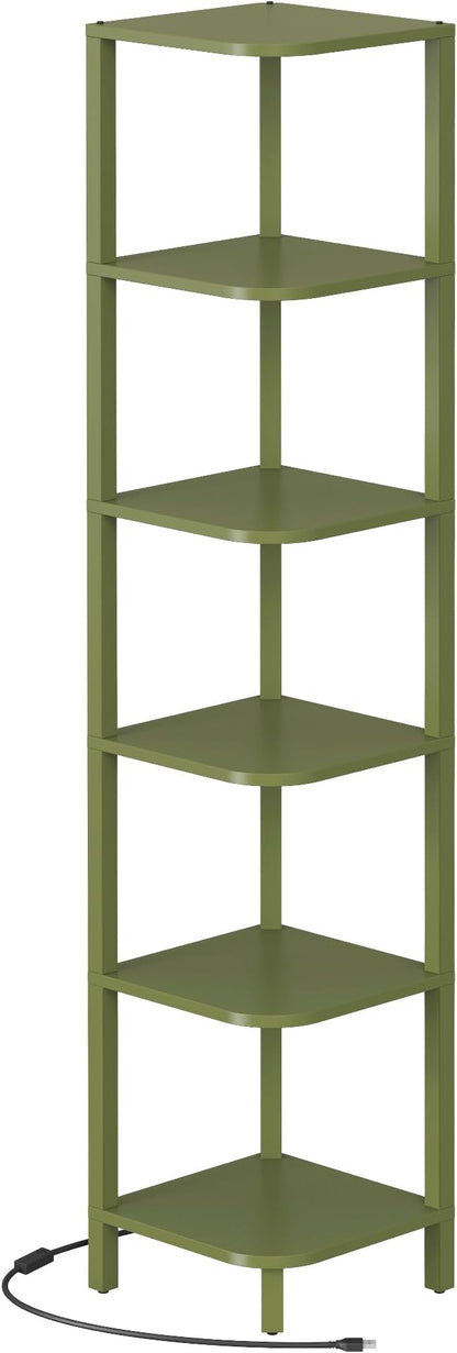 TUTOTAK Corner Shelf with LED Light, 6-Tier Corner Bookshelf for Small Space, Narrow Display Corner Shelf Stand with Storage Rack, for Living Room, Bedroom, Olive Green BS08BOG006L
