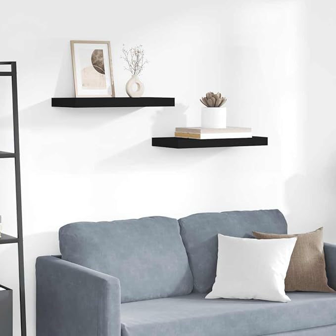 Floating Wall Shelves 2 pcs Black 19.7"x9.1"x1.5" MDF Invisible Mounting System for Display and Storage