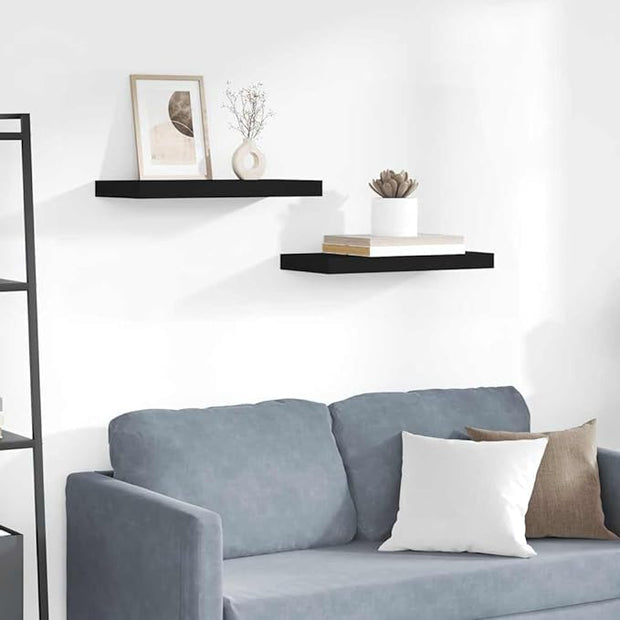 Floating Wall Shelves 2 pcs Black 19.7"x9.1"x1.5" MDF Invisible Mounting System for Display and Storage