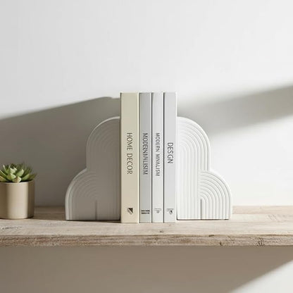 6.6‘’ Decorative Resin Book Ends for Shelves - Modern Bookends for Heavy Books - Minimalist Book Stopper for Aesthetic Home Office Bookshelf Decor - Stylish Gifts for Book Lovers (White)