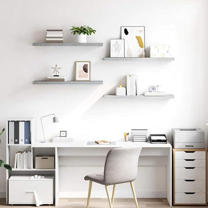 Concrete Grey Honeycomb MDF Floating Wall Shelf Set of 4 with Metal Brackets for Living Room Office Storage and Display