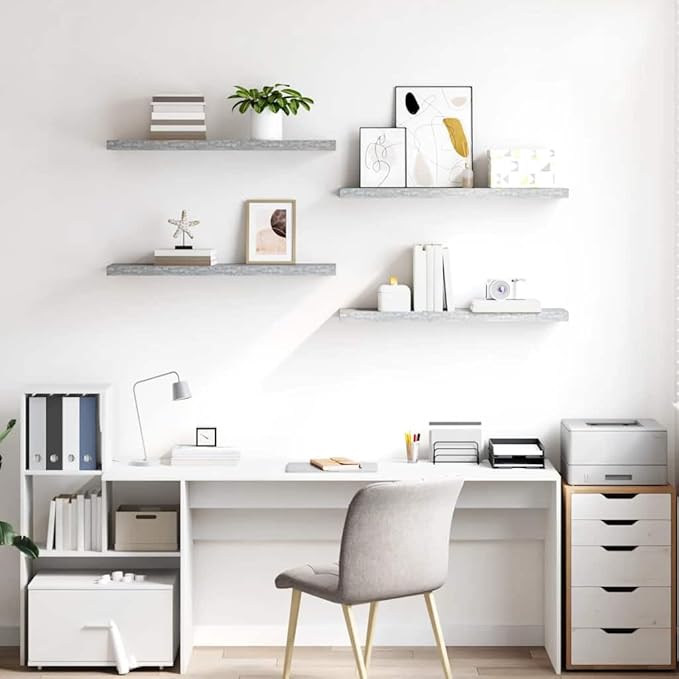 Concrete Grey Honeycomb MDF Floating Wall Shelf Set of 4 with Metal Frame for Living Room Office Storage Display