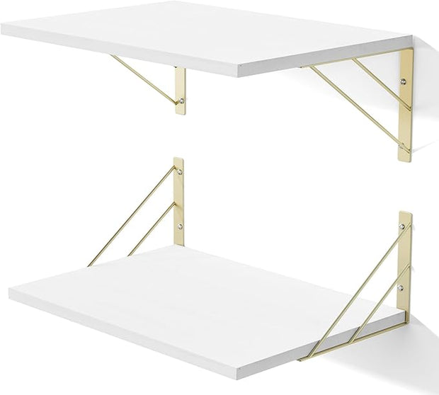 Love-KANKEI Deep Floating Shelves for Wall, 16" W x 12" D Wall Shelves Set of 2, Rustic Large Wood Hanging Shelves for Storage, Bathroom Bedroom Living Room Kitchen White and Gold