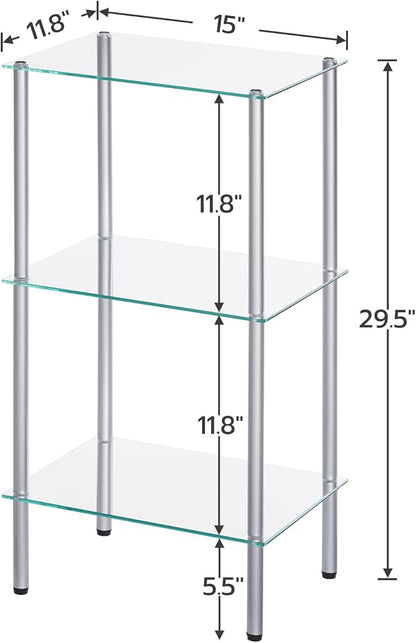 HOOBRO Glass Shelf, 3 Tier Bathroom Standing Shelf Unit, Tempered Glass Shelving Stand for Small Space, Perfume Stand Organizer, Space-Saving, for Bathroom, Bedroom, Steel Frame, Silver SV03CJ01
