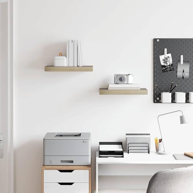 Set of 2 Oak Honeycomb Floating Wall Shelves, Modern MDF and Metal Storage, 15.7 x 9.1 x 1.5 Inches, Invisible Mounting System for Home Decor and Display