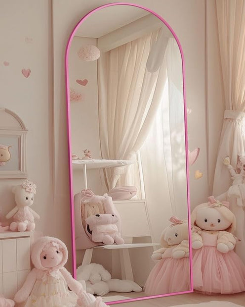 Antok 58" x19” Arched Full Length Floor Mirror, Pink Aluminum Frame, Free Standing/Wall Mount/Leaning for Bedroom, Living Room, Dressing Room