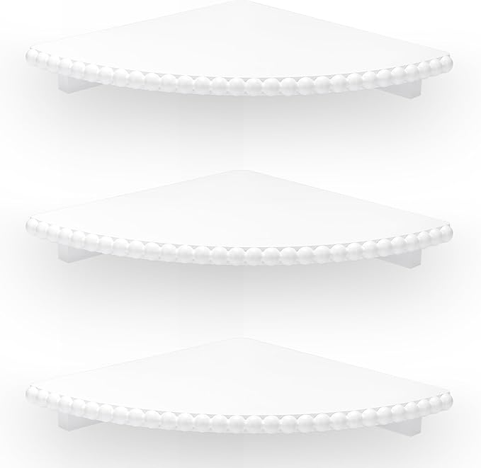 Lamapggio Corner Floating Shelves with Double Support Brackets, 3 Pack Wood Wall Mount Round Display Shelf for Bedroom, Living Room, Bathroom