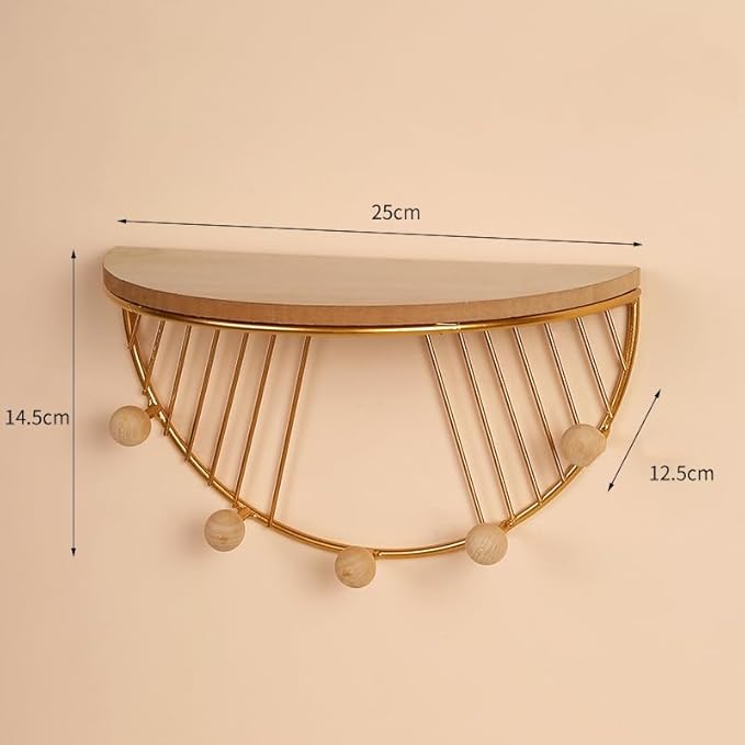 JUNY Semi-Circular Shape Floating Shelves Metal Wall Decor,Wood Wall Mounted Storage Shelf Home Decorations Art for Bedroom Living Room Kitchen Bathroom (Semicircular-Gold)