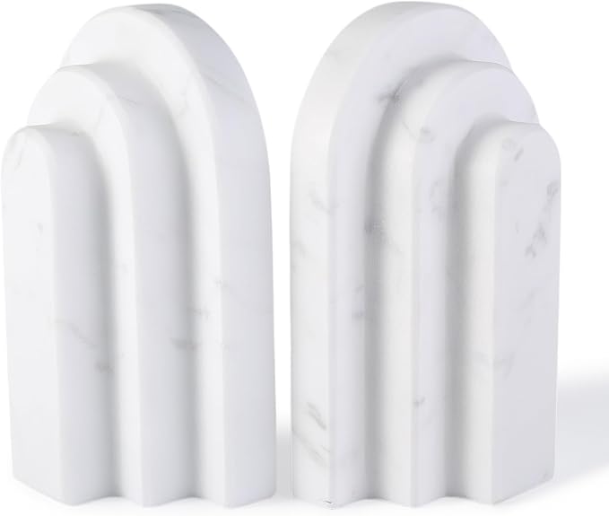 Natural Marble Book Ends - Heavy Duty Bookends for Shelves - Aesthetic Layered Arch Design Stone Book Holders, Decorative Modern Office Bookshelf Stopper Decor for Books/CDs, White