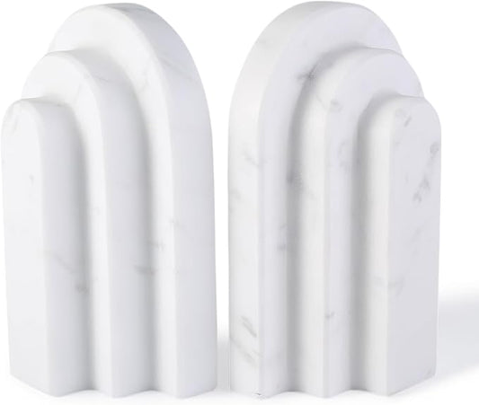 Natural Marble Book Ends - Heavy Duty Bookends for Shelves - Aesthetic Layered Arch Design Stone Book Holders, Decorative Modern Office Bookshelf Stopper Decor for Books/CDs, White