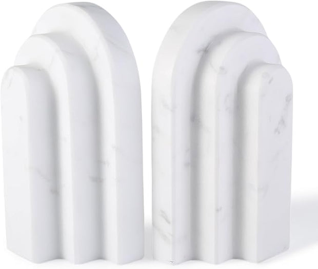Natural Marble Book Ends - Heavy Duty Bookends for Shelves - Aesthetic Layered Arch Design Stone Book Holders, Decorative Modern Office Bookshelf Stopper Decor for Books/CDs, White