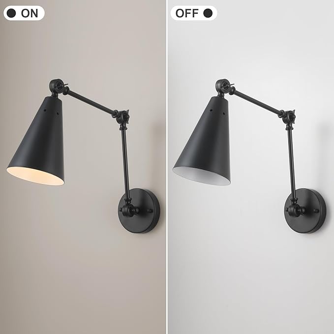 MWZ Black Swing Arm Wireless Rechargeable Sconces Set of 2,Battery Operated Dimmable 3 Color Cordless Wall Lamp with Remote,Indoor Wall Mounted Light Fixture with Cone Metal Shade for Bedside
