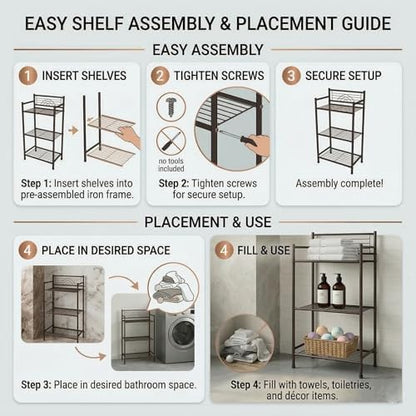 Bath Bliss 3 Tier Storage Shelf | Freestanding | Dimensions: 17.3"x 10.6"x 35.8 | Free Standing | Rust Resistant | Bathroom Storage | Easy to Assemble