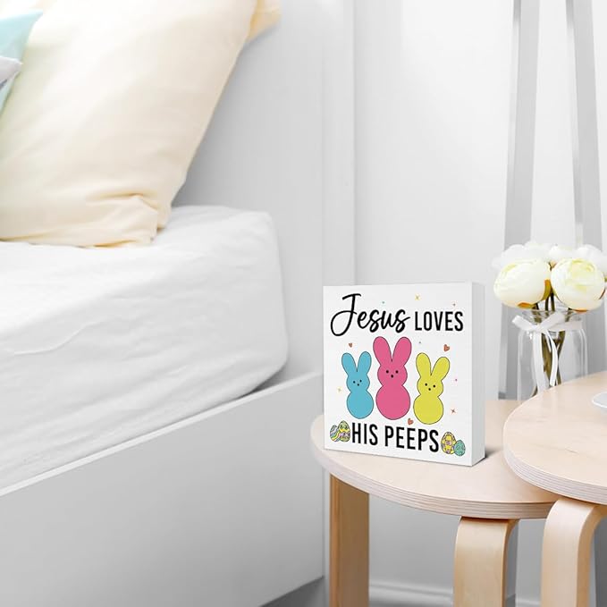Easter Bathroom Decor - Easter Decorations - Jesus Loves His Wooden Sign Home Bathroom Toilet Desk Table Shelf Decor - 5 x 5 Inches
