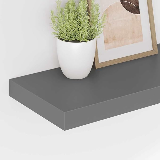 Glossy Gray Honeycomb MDF and Metal Floating Wall Shelf Set of 2, Modern Storage for Books and Decor, Sturdy Design with High-Gloss Finish