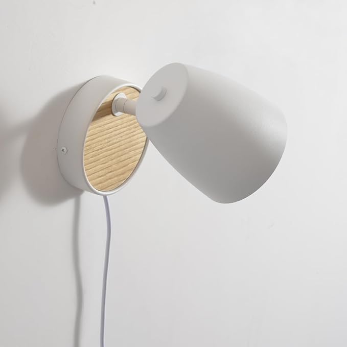 Wall Sconce Plug in,White Wall Lights for Bedroom,Modern Wood Sconces Light with 180°Rotation Metal Shade,e26 Wall Lamp with Switch for Living Room,Nightstand,Dining Room,Hallway,Corner,Stairway