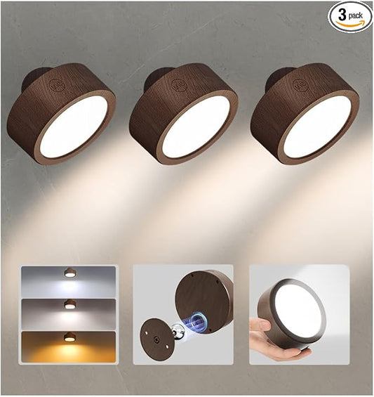EZVALO LED Wall Mounted Light, 3000mAh Rechargeable Cordless Wall Sconce, Dimmable with Remote & Touch Control, 3 Color Temps, 360° Rotatable for Bedroom, Bedside, Reading(Walnut, 3Pack)