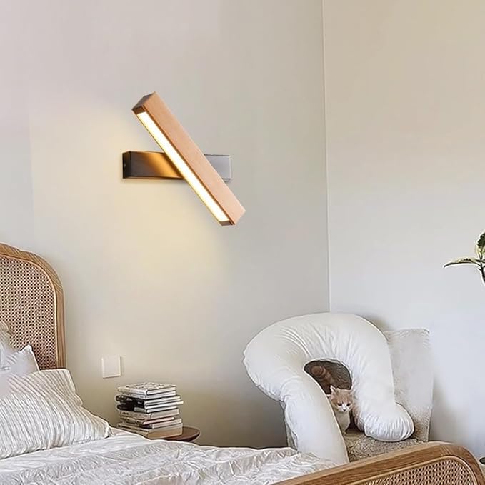 Modern Indoor LED Wall Sconce Wooden Minimalist Interior Small Wall Lights 1 Pack Hardwired 360° Rotatable Wall Mount Light for Living Room Bedroom Hallway Corridor(Neutral light,Large)
