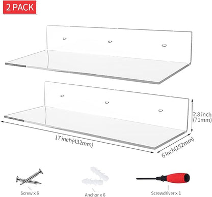17 Inches Acrylic Shelves, Wall Mounted Shelves for Bedroom, Wall Display Shelves for Collectibles, Funko Pop, Speaker, Plants, 2 Pack