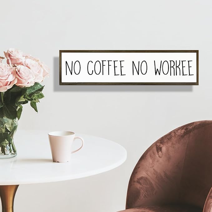 Funny Coffee Signs Decor, Funny Offices Decor, Coffees Work Humor Wood Signs, Home Kitchen Decors for Shelf, Decorative Wooden Table Sign, No Coffee No Workee Sign, 17.8x4x1.2 inches