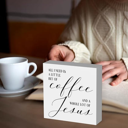 Christian Coffee Bar Sign, Farmhouse Kitchen Decor with Inspirational Quote, Rustic Wood Wall Art for Home Cafe Office