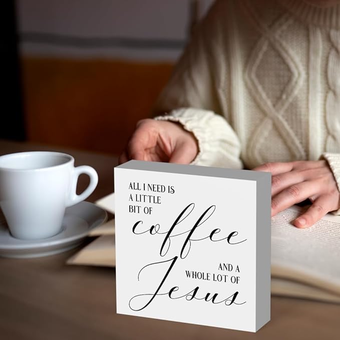Christian Coffee Bar Sign, Farmhouse Kitchen Decor with Inspirational Quote, Rustic Wood Wall Art for Home Cafe Office