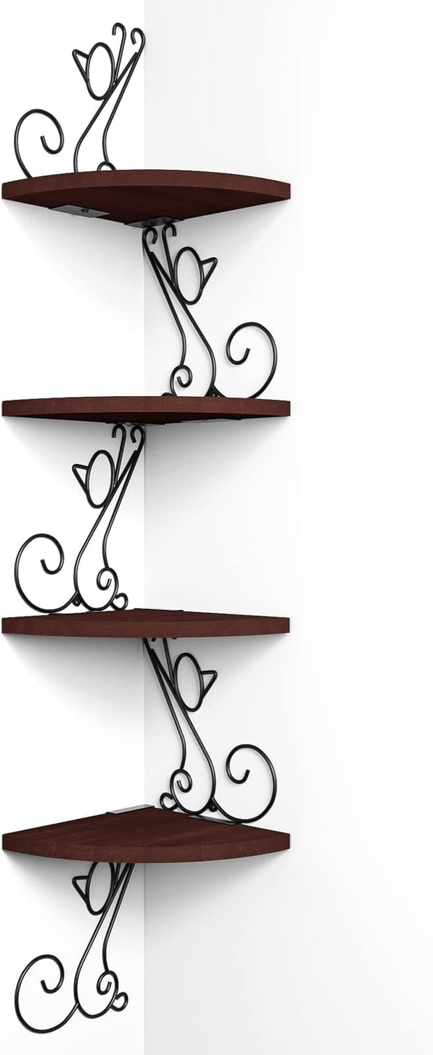 Alsonerbay Corner Shelf Wall Mount, 4 Tier Floating Shelves for Wall, Easy-to-Assemble Wall Shelves Rustic Wood Decor for Bedroom Living Room Bathroom Kitchen Office, Walnut Finish