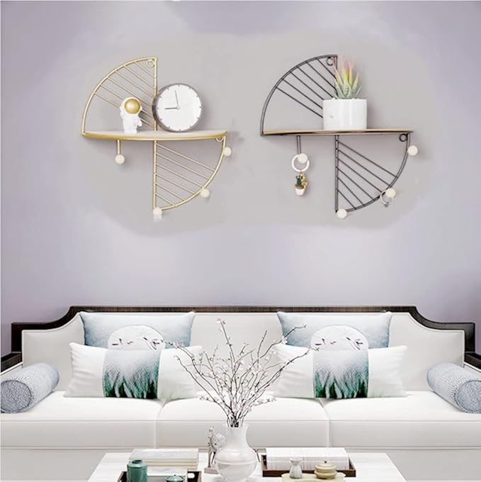 JOSON Bedroom Half Round Wall Mounted Floating Shelf for Bedroom, Living Room, Office Metal Geometric Hanging Shelf (Black)