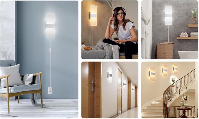 4 Pack Plug in Wall Sconces with Remote Control, Dimmable, Adjustable 3000K-6500K Colors, Silver 12W Acrylic LED Plug in Wall Light, Wall Lamps for Bedroom Living Room Hallway Stair