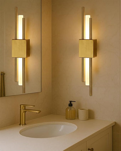 Modern Golden LED Wall Sconce, Geometric Metal and Acrylic Vertical Wall Lamp, Minimalist LED Light for Bedroom, Living Room, Hallway – 8 W, 48 cm, 3 Light Shades (Gold-Left)