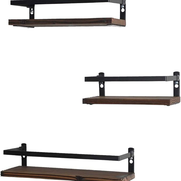 Floating Shelves Rustic Wood Wall Mounted Shelf Practical Metal Fence Design Ideal for Bedroom, Bathroom, Kitchen Set of 3(Brown)