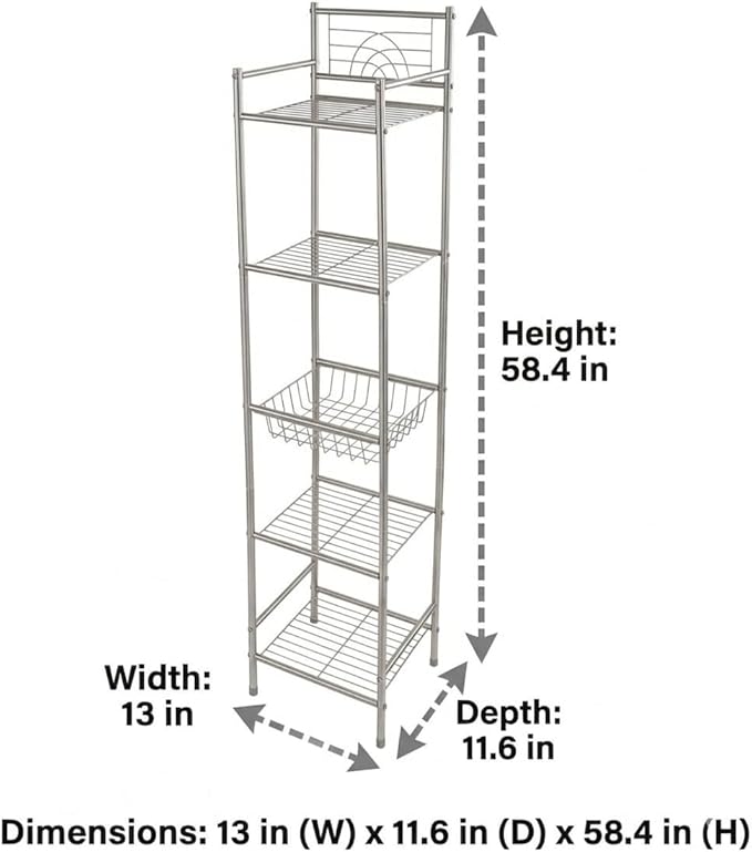 Bath Bliss 5 Tier Storage Shelf | 13"x 11.6"x 58.5" | Freestanding | Bathroom Storage | Rust Resistant | Easy Assemble | Satin