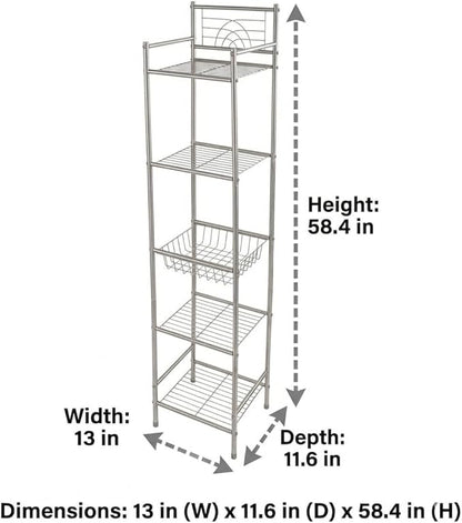 Bath Bliss 5 Tier Storage Shelf | 13"x 11.6"x 58.5" | Freestanding | Bathroom Storage | Rust Resistant | Easy Assemble | Satin