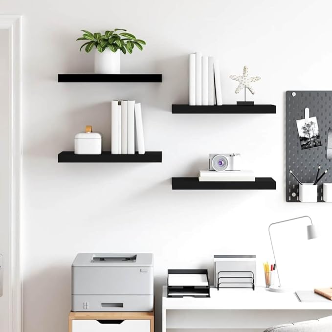 Wall Shelf Set of 4 Black Honeycomb MDF with Metal Wall Mounting, Floating Shelves for Modern Decor, Minimalist Display Storage for Books and Collectibles, Easy Installation,