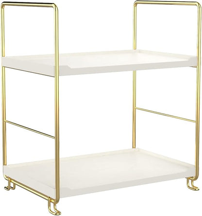 2-Tier Kitchen Spice Rack - Freestanding Stackable Bathroom Countertop Storage Shelf - Cosmetic Organizer Holder- Square Standing Rack (Golden)