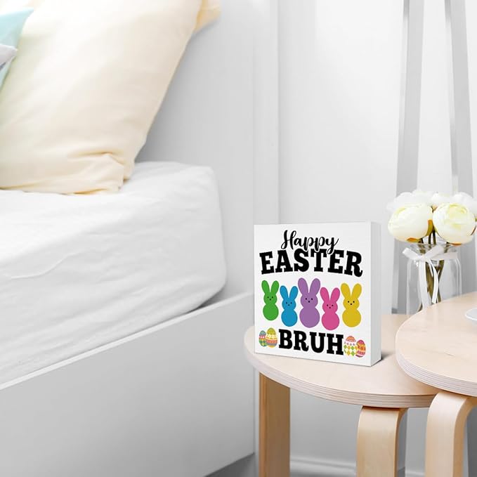 Easter Decor - Happy Easter Bruh Wooden Sign Home Living Room Bedroom Kitchen Bathroom Desk Table Shelf Decor - 5 x 5 Inches