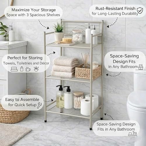 Bath Bliss Satin 3 Tier Storage Shelf Nickel | Dimensions: 17.3"x 10.6"x 35.8" | 3 Tier Storage | Free Standing | Rust Resistant | Satin