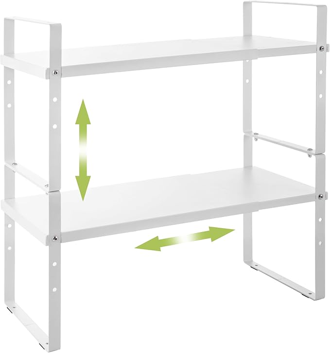 Expandable Cabinet Shelf Organizer Rack, Stackable Kitchen Counter Storage Shelves Stand, Adjustable Height Pantry Shelf Spice Rack (White, 2 Pack)