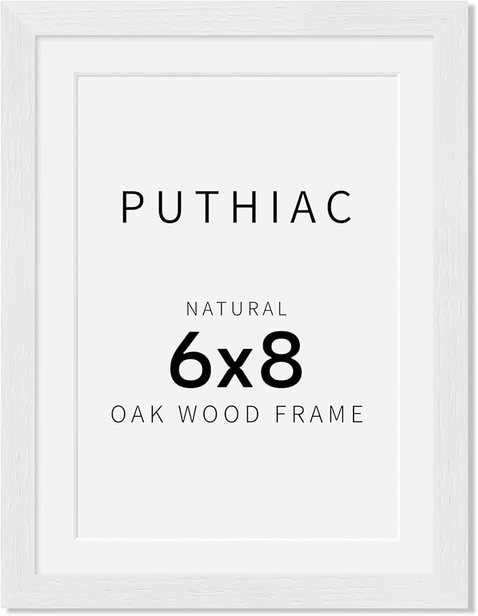 puthiac 6x8 Solid Oak Wood Picture Frame, Fits 5x7 with Mat or 6x8 Without Mat, Wall or Tabletop Display with Stand, Vertical or Horizontal, Plexi Front, 1 Pack, White