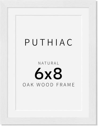 puthiac 6x8 Solid Oak Wood Picture Frame, Fits 5x7 with Mat or 6x8 Without Mat, Wall or Tabletop Display with Stand, Vertical or Horizontal, Plexi Front, 1 Pack, White