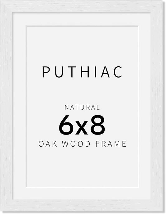 puthiac 6x8 Solid Oak Wood Picture Frame, Fits 5x7 with Mat or 6x8 Without Mat, Wall or Tabletop Display with Stand, Vertical or Horizontal, Plexi Front, 1 Pack, White