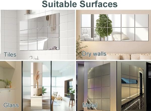 Vlush Adhesive Mirror Tiles 12'' x 12'' x 4PCS Full Body Mirror Full Length & Wall Mounted Mirrors Tiles Decorative for Home Gym, Door, Bedroom & Bathroom