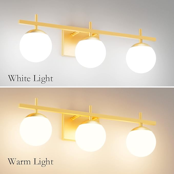 Ralbay Mid Century Modern Gold Bathroom Light Fixtures Gold Milky Glass Modern Bathroom Vanity Lights Over Mirror, Gold 3-Light (Exclude Bulb)