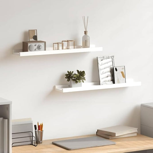 Wall Mounted Picture Ledge Shelf Set of 2, White Floating Shelves for Photo Frames and Decor, 23.6 Inch MDF Display Ledge with Front Edge, Easy Installation, Space Saving Home Decor