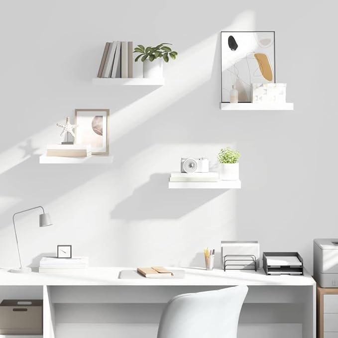 Set of 4 High Gloss White Floating Wall Shelves, Honeycomb MDF with Metal Brackets, Invisible Mounting System for Modern Home Decor and Versatile Storage