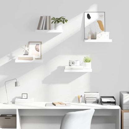 Set of 4 High Gloss White Floating Wall Shelves, Honeycomb MDF with Metal Brackets, Invisible Mounting System for Modern Home Decor and Versatile Storage