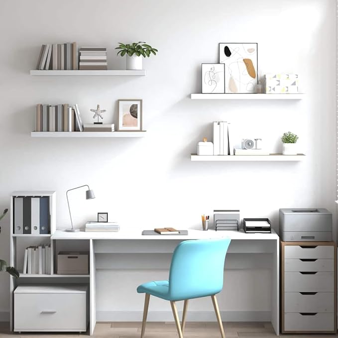 Set of 4 Floating Wall Shelves Oak and White Honeycomb MDF Metal Modern Display Storage 31.5 Inch Long 9.3 Inch Wide Space-Saving Versatile Sturdy Mounting System