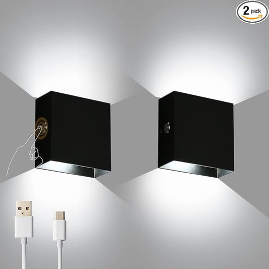 Indoor Wall Sconces Battery Operated Set of 2, Rechargeable Wall Lights Black Touch Control, Modern Up Down Wall Mount Light for Hallway, Cool White, LG9939112